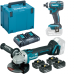 MAKITA DTD152Z + DGA504Z Masina de insurubat cu impact Li-Ion 18V, 166Nm + Polizor unghiular brushless, Li-Ion, 18V + 198830-2 Kit acumulatori 18 V, 3 Ah (MAKPAC + BL1830Bx4 + DC18RD)