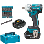 MAKITA DTW285RFJX Masina de insurubat cu impact cu 2 acumulatori Li-Ion, 18V, 3Ah, 280Nm + Trusa 9 chei + Prelungitor