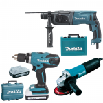 MAKITA HR2470 Ciocan rotopercutor SDS-plus 780W, 2.4J + 9558HNRG Polizor unghiular 840 W, diametru disc 125 + DF457DWE Masina de gaurit si insurubat cu 2 acumulatori Li-Ion, 18V, 1.5Ah, 42Nm