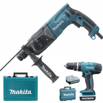 MAKITA HR2470 Ciocan rotopercutor SDS-plus 780W, 2.4J + HP347DWE Masina de gaurit cu percutie si insurubat cu 2 acumulatori Li-Ion, 14.4V, 1.3Ah, 23Nm