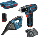 BOSCH KIT 2 scule 12 V GSR 12V-15 Masina de gaurit si insurubat + GAS 12V Aspirator cu 2 acumulatori Li-Ion, 2 Ah + L-BOXX 102