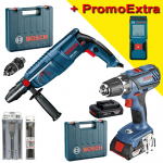 BOSCH GSR 18-2-LI PLUS Masina de gaurit si insurubat cu 2 acumulatori Li-Ion, 2Ah, 63Nm + Valiza + GBH 2600 + GLM 30 Ciocan rotopercutor SDS-plus 720 W, 2.7 J + Set 3 dalti + Set 3 burghie + Telemetru cu laser (30 m)