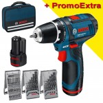 BOSCH GSR 12V-15 Masina de gaurit si insurubat cu 2 acumulatori Li-Ion, 2Ah, 30Nm + 3 seturi de accesorii profesionale + Geanta textil