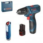 BOSCH GSR 120-Li + GLI 12V-300 Masina de gaurit si insurubat cu 2 acumulatori Li-Ion, 1.5Ah, 30Nm + Lanterna