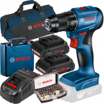 BOSCH GSR 185-LI Masina de gaurit si insurubat brushless cu 2 acumulatori Li-Ion, 4Ah, 50Nm + Incarcator rapid de 8Ah + Caseta 31 biti cu adaptor + Valiza + Geanta textil