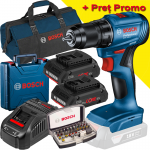 BOSCH GSR 185-LI Masina de gaurit si insurubat brushless cu 2 acumulatori Li-Ion, 4Ah, 50Nm + Incarcator rapid de 8Ah + Caseta 31 biti cu adaptor + Valiza + Geanta textil