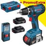 BOSCH GSR 18-2-LI Masina de gaurit si insurubat cu 3 acumulatori Li-Ion, 1.5Ah, 38Nm + L-BOXX + GLM 30  Telemetru cu laser