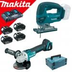 MAKITA DJV180Z + DGA504Z Ferastrau pentru decupat Li-Ion, 18V + Polizor unghiular brushless, Li-Ion, 18V + 198830-2 Kit acumulatori 18 V, 3 Ah (MAKPAC + BL1830Bx4 + DC18RD)