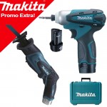 MAKITA TD090DWE Masina de insurubat cu impact cu 2 acumulatori Li-Ion, 10.8V, 1.3Ah, 90Nm + JR100DZ Ferastrau alternativ Li-Ion, 10.8 V fara acumulator in set (SOLO)